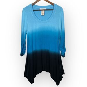 Philosophy Tunic Top Women Size L Blue Hi-Low Sharkbite Hem Stretch Rayon Ruched